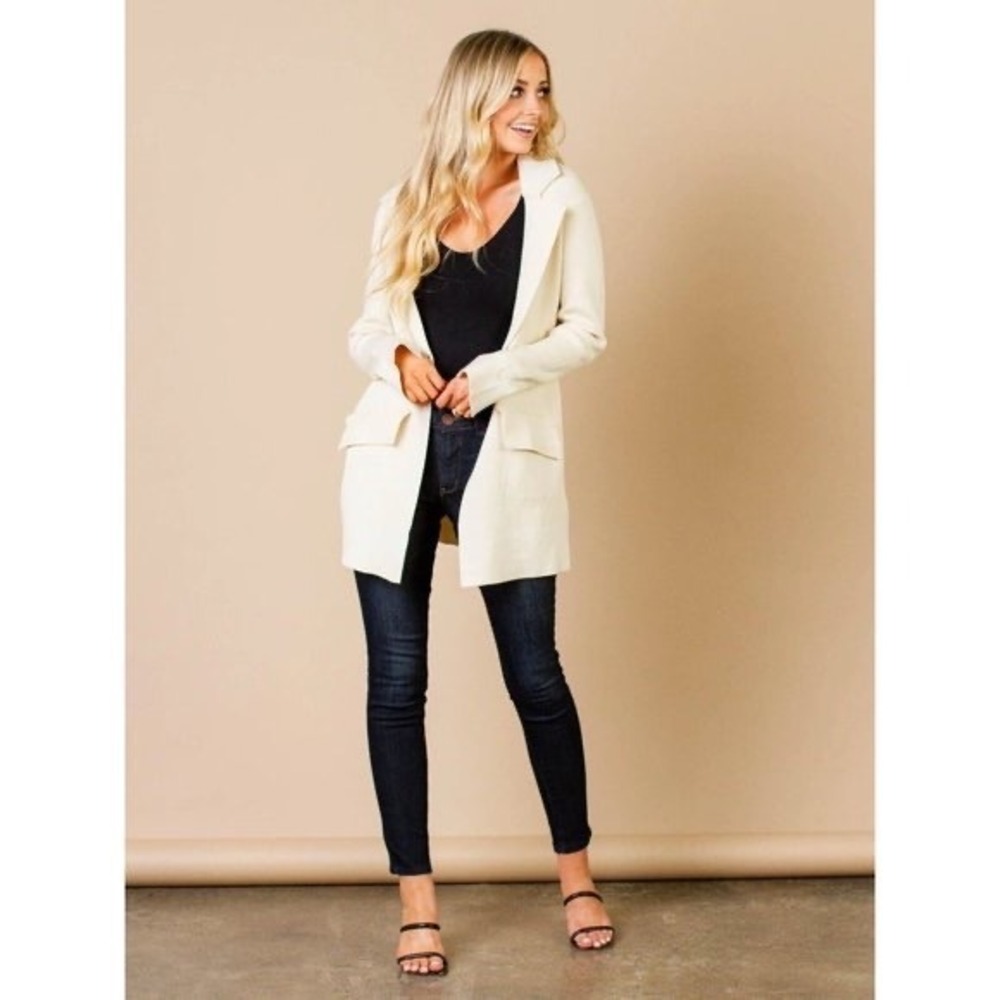 Free People Sarah Cardigan Blazer Ivory Cream Ribbed Knit Longline Blazer Sz L